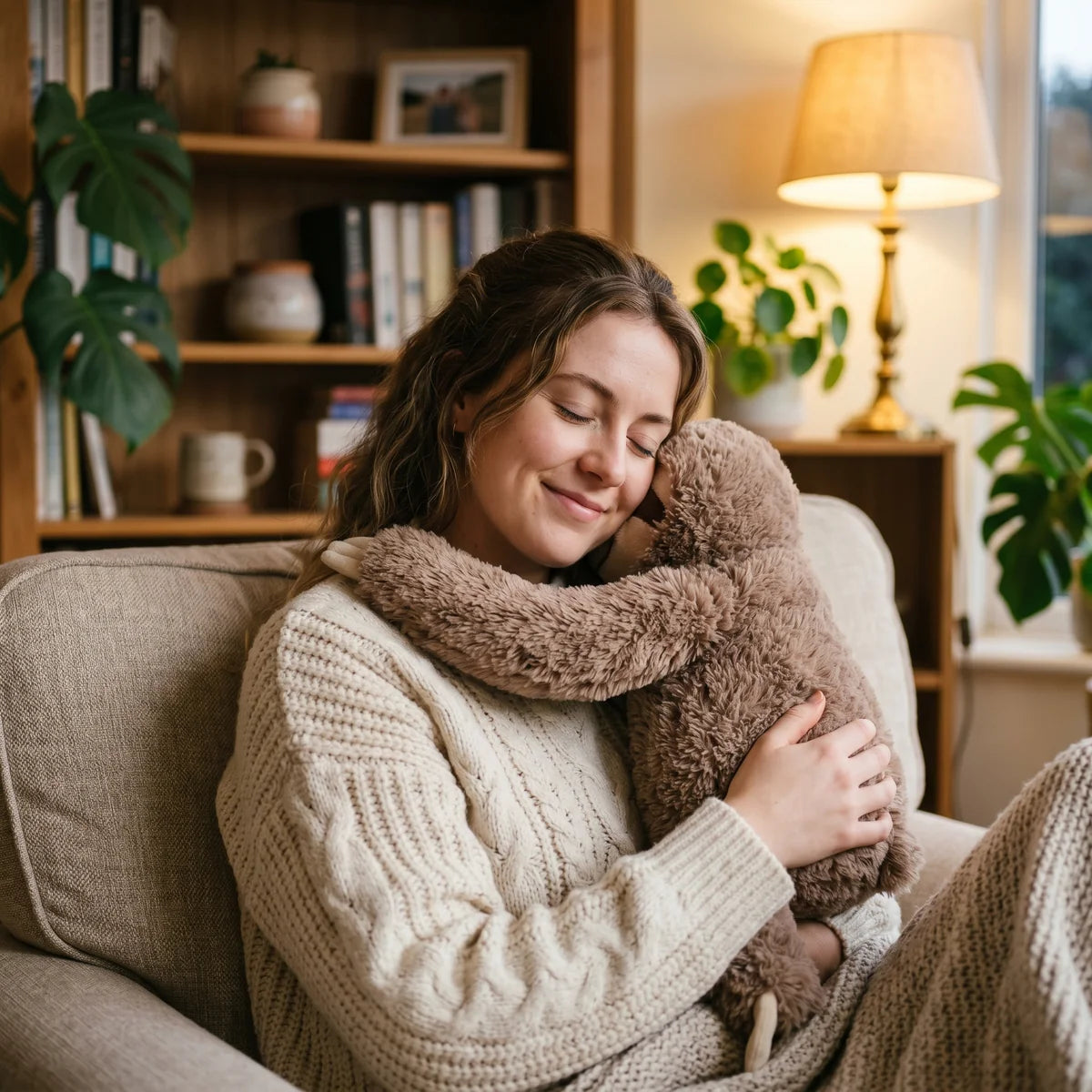 Cuddling a plush companion on the sofa — reference photograph