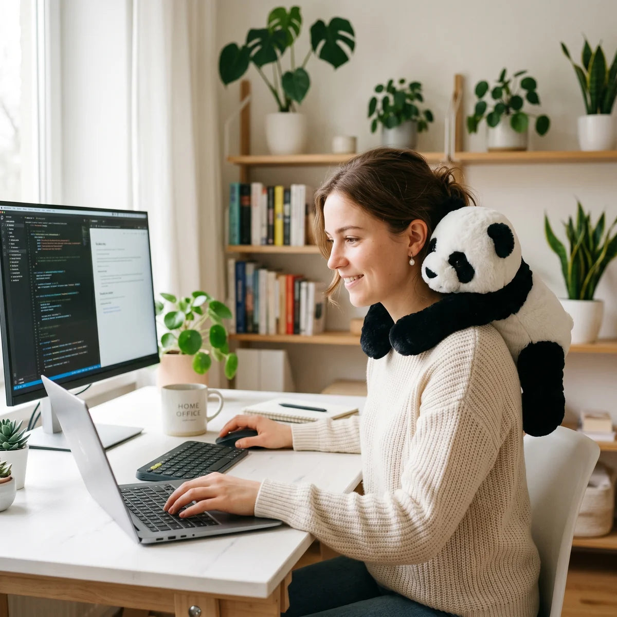 Plush companion at a desk — reference photograph