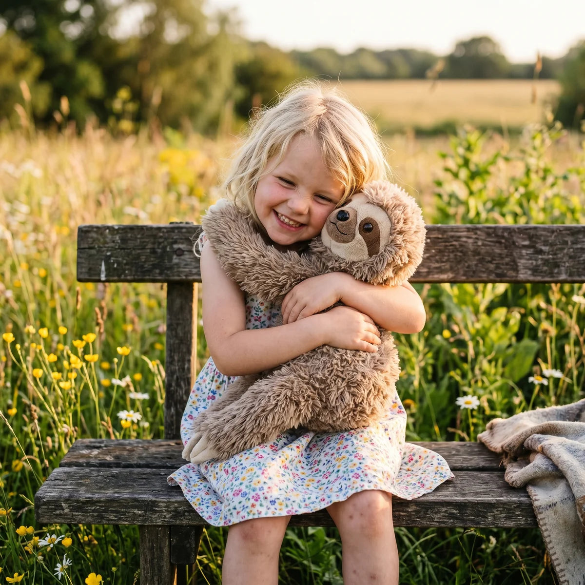 Cuddling a plush companion outdoors — reference photograph